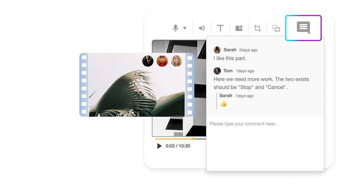 An illustration showcasing Visla's 'Work Together' Video Collaboration Workspace. The workspace allows teams to share assets, create and edit videos, and comment in real-time, regardless of their location. The image highlights the collaborative nature of the workspace, emphasizing how it enables seamless teamwork and communication.